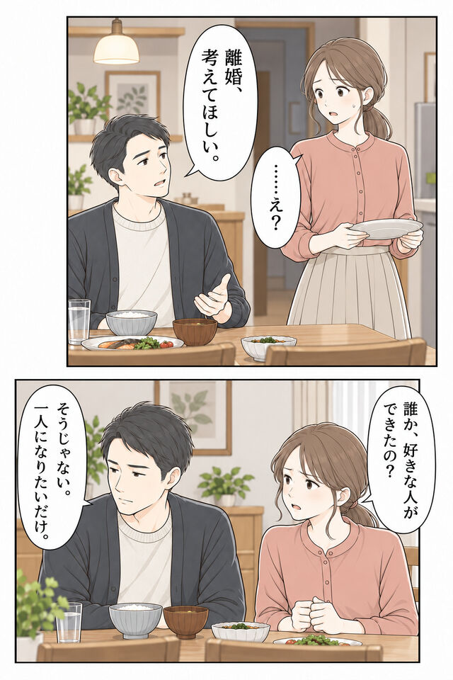 夕食の支度中、夫から突然離婚を切り出され、妻が驚く。 妻が理由を尋ねるが、夫は目をそらす。
