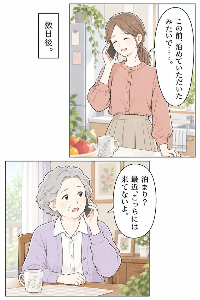 数日後、妻が義母に電話をかけ、泊めてもらったお礼を言う。義母は最近は息子が来ていないと答える。
