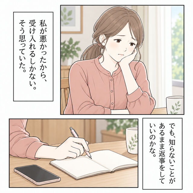 ノートを開いた妻が、事情を知らないまま答えてよいか考える。