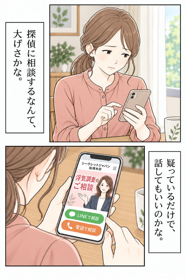 妻が迷いながら、漫画の絵柄で描かれた船橋本部のイメージHPをスマホで見る。淡いピンクの画面にイラストの相談員と、LINE・電話の相談ボタン。