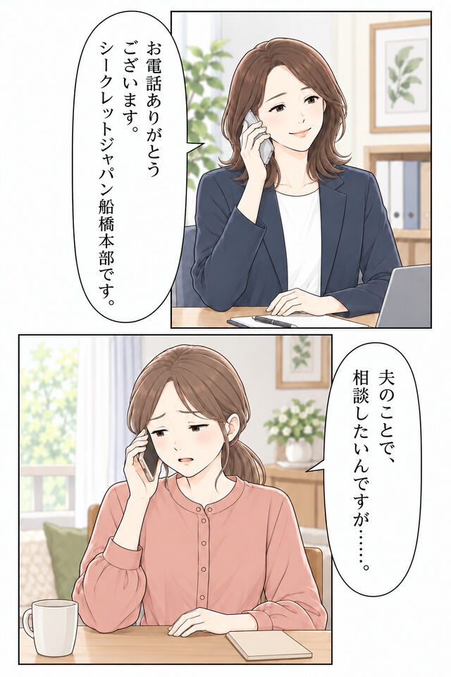 妻は船橋本部へ初めて電話する。相談員が事務所名を名乗り、妻は夫のことで相談したいと話し始める。