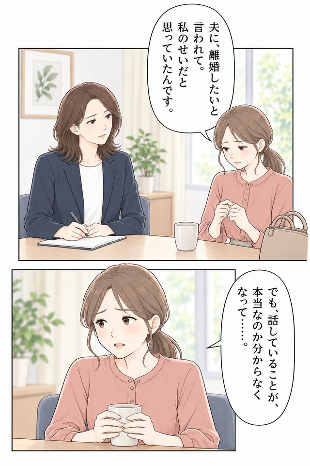 相談室で、妻が女性相談員に事情を話す。