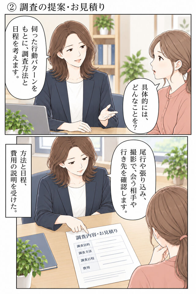 相談員が行動パターンをもとに調査方法と日程を提案し、調査内容と見積りの書面を示す。