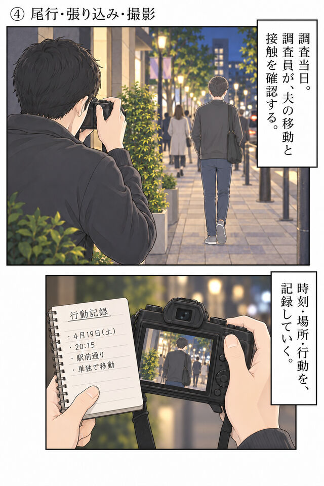 調査員が公道から夫の移動を確認し、撮影した行動と時刻を記録する。