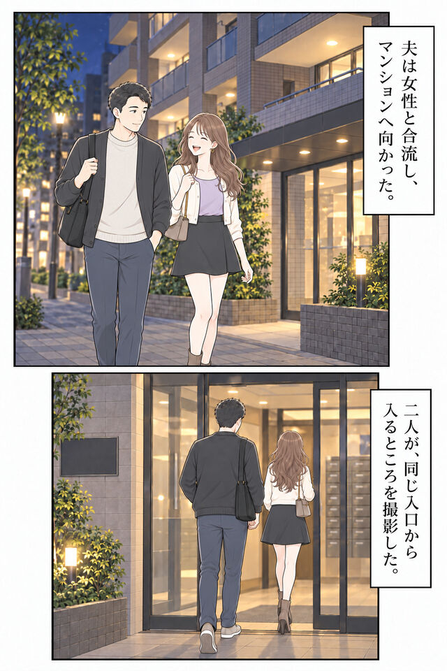 夫が若い成人女性と合流し、複数階に住戸やベランダが並ぶマンションの共用エントランスへ二人で入る。