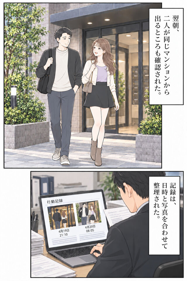 翌朝、夫と女性が昨夜と同じマンションの共用エントランスから出る。調査員は記録を整理する。