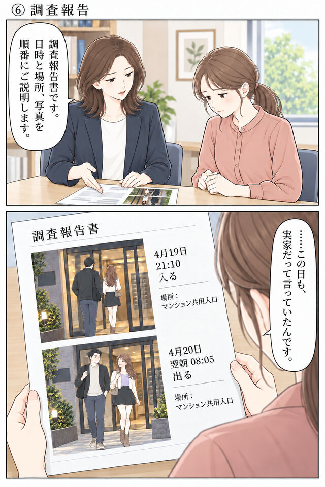 相談員が妻へ調査報告書を示し、同じマンションへの夜の入場と翌朝の退出写真を、記録の順に説明する。