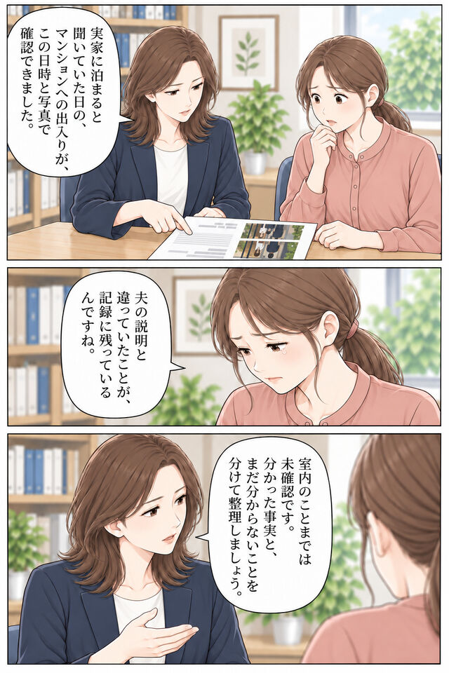 相談員が報告書を妻が読める向きに置き、夫の説明と行動記録の違いを示す。妻は驚き、涙を浮かべて受け止める。相談員が確認できた範囲を説明する。
