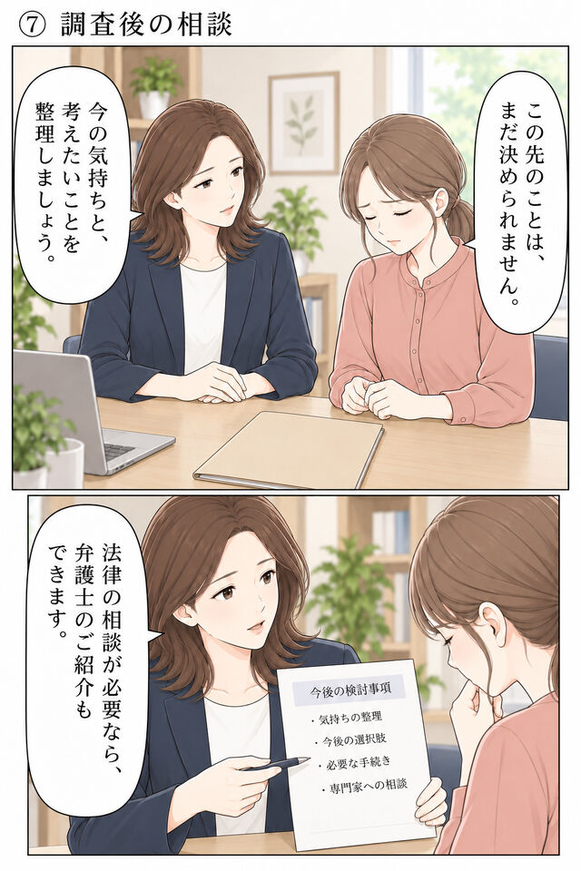 報告書を閉じ、先のことを決められない妻の話を聞く相談員。今後の検討事項の用紙を妻に向けて示し、気持ちや選択肢の整理と必要に応じた弁護士紹介を説明する。