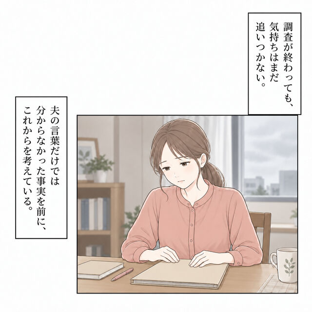 家に戻った妻は閉じた報告書に手を置き、うつむいている。夫婦の結論は出ず、悲しさが残る静かなラスト。