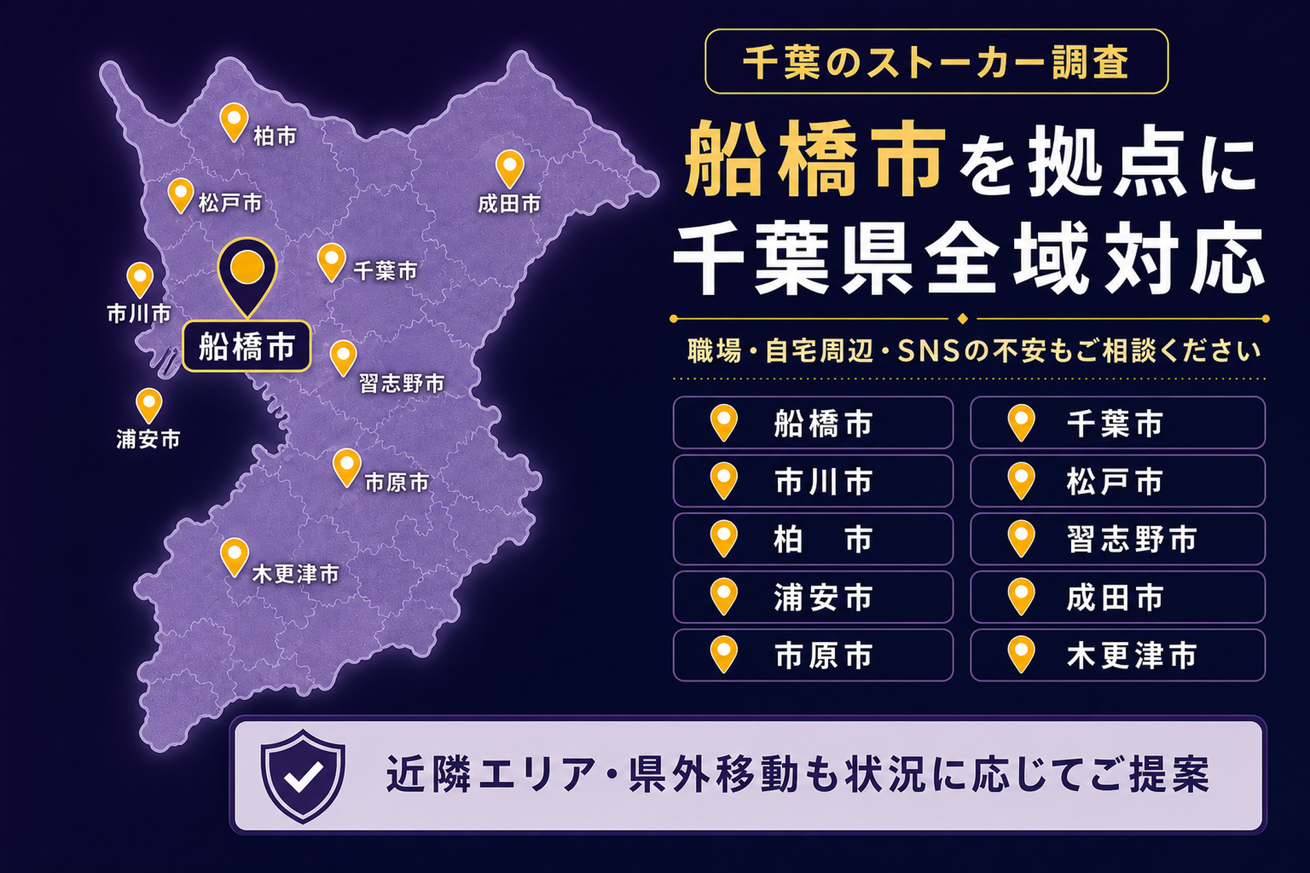 千葉のストーカー調査。船橋市を拠点に千葉県全域対応。職場・自宅周辺・SNSの不安もご相談ください。対応エリアは船橋市、千葉市、市川市、松戸市、柏市、習志野市、浦安市、成田市、市原市、木更津市。近隣エリア・県外移動も状況に応じてご提案します。