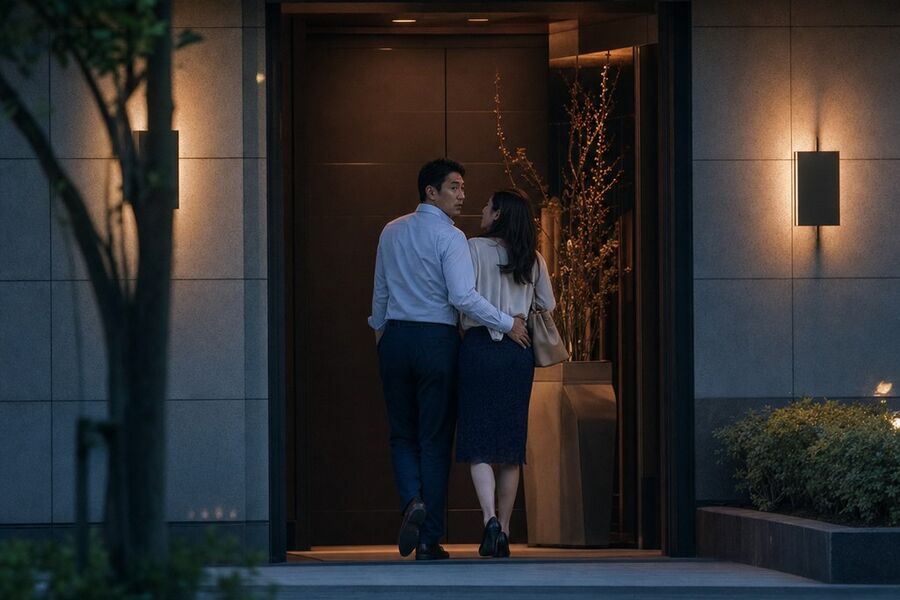 周囲を気にしながら宿泊施設の入口へ向かう男女