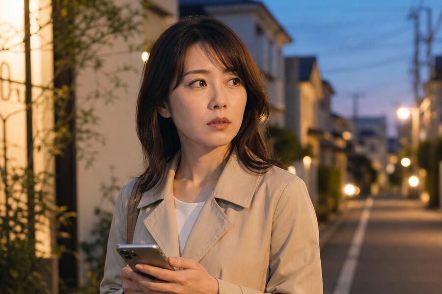 住宅街でスマートフォンを持つ女性